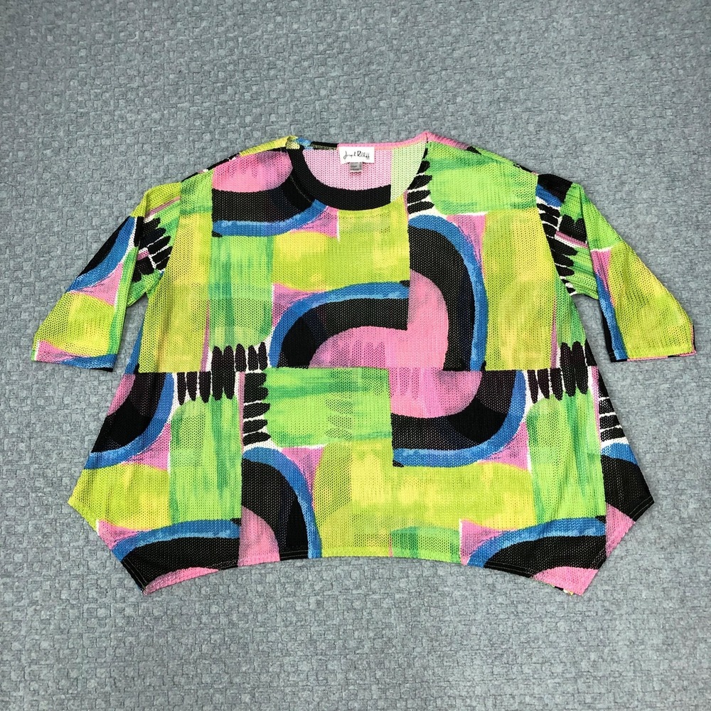 Joseph Ribkoff Top Womens 12 Multicolor Abstract Mesh Knit Boxy Elbow Sleeve